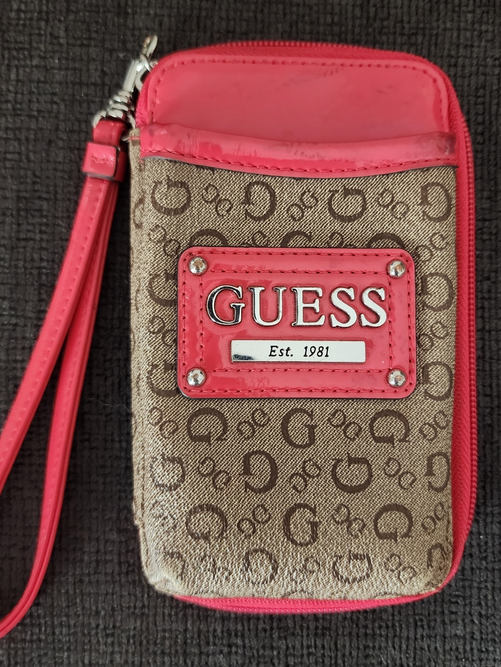 GUESS Pink Wristlet Phone Case Wallet - Brown/Tan Monogram & Coral Pink